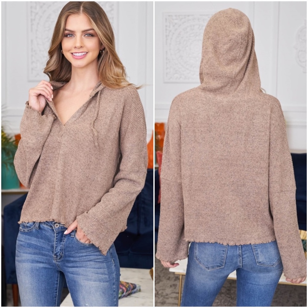 Mocha Ribbed hooded top - Picture 1 of 12